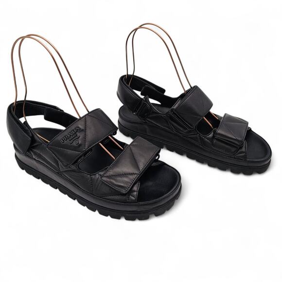 Prada Quilted Padded Strap Slingback Dad Sandal Black Leather Size 39.5 US 9.5 - Picture 1 of 12